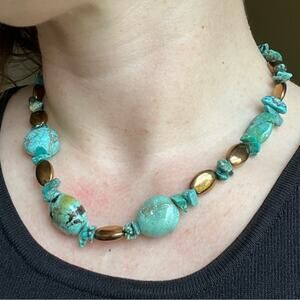 Vintage 925 Sterling Silver Chunky Genuine Turquoise and Bronze Bead Necklace C3